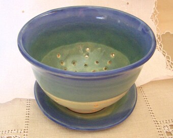 Hand Thrown Stoneware Pottery Colander with Drip Plate, Rinse and Serve, Navy Blue and Cream White