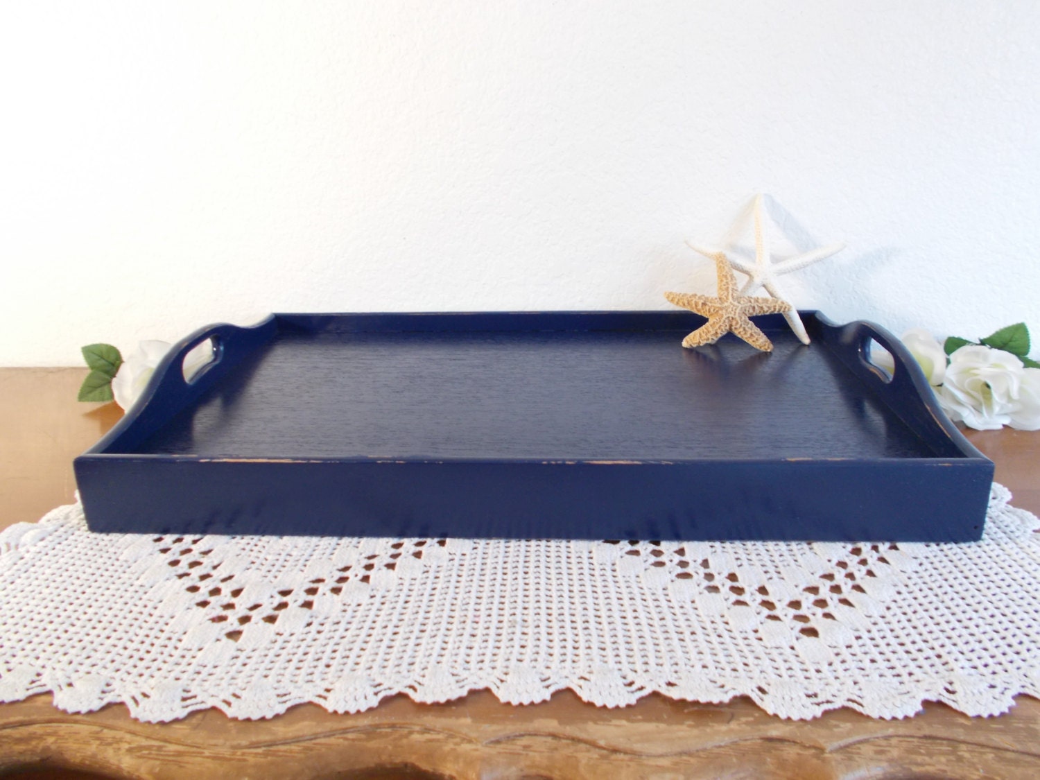 Navy Blue Serving Tray Rustic Shabby Chic Distressed