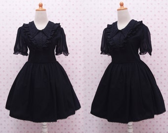 Black Gothic Laces Lolita Dress with Triangle Neckline and Puffy Chiffon Arms - Gothic Lolita for Tea Party Event - Knee Length Gothic Dress