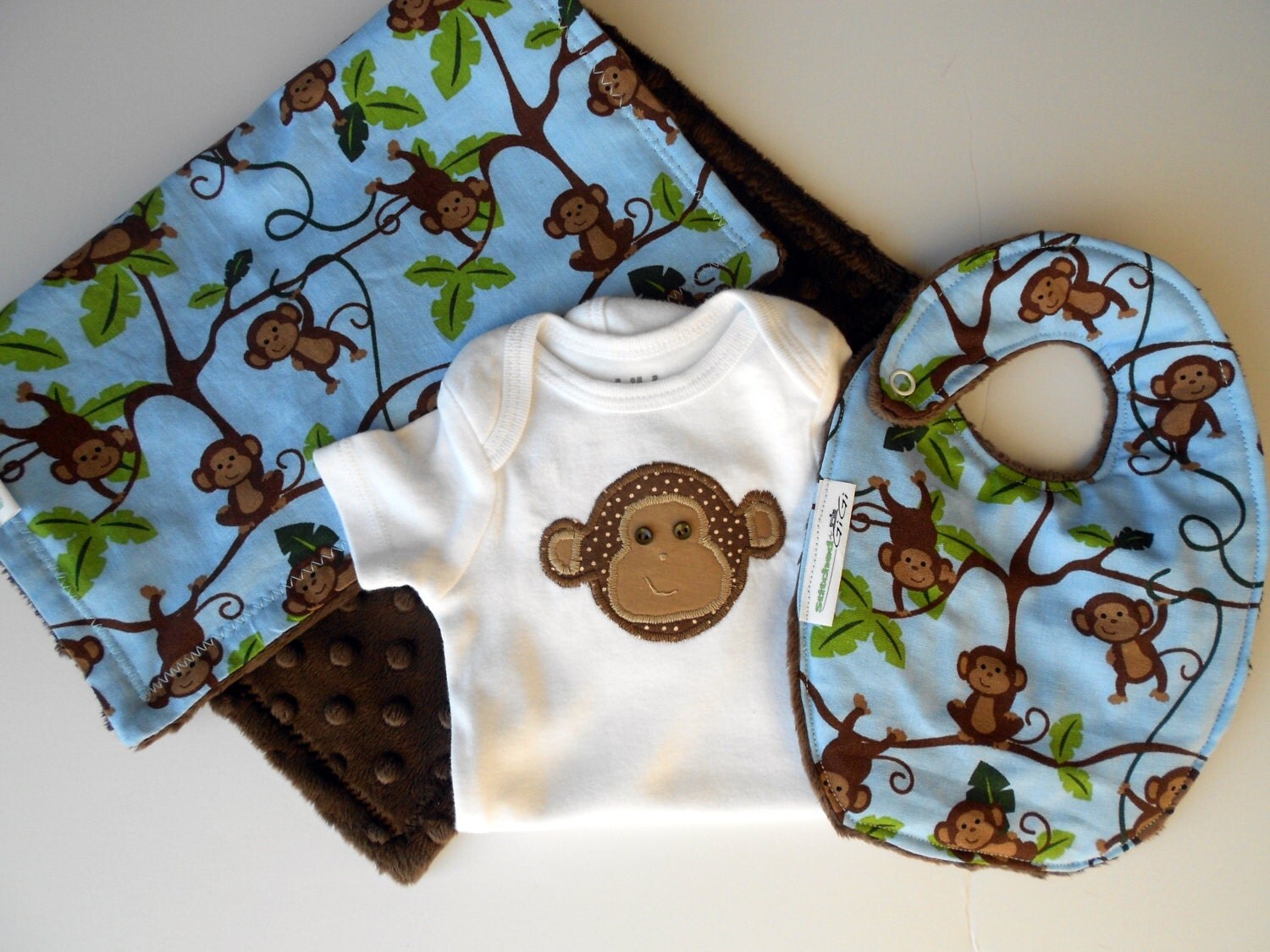 Custom Monkey Onesie Bib& Burp cloth set boy baby layette