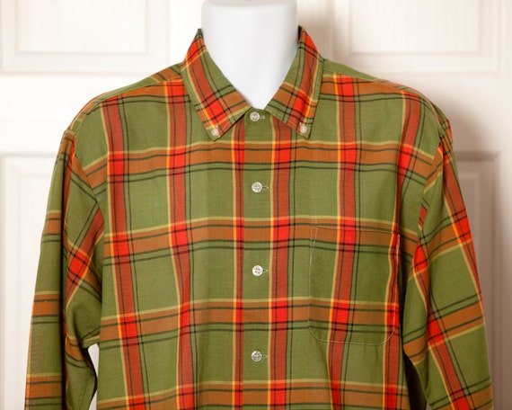 Vintage Men's Button Down Shirt green red plaid Kmart