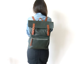 Leather Backpack in Dark Green - 15" Laptop - Father Days Gift - Adjustable Detachable Leather Straps - Zippered Pocket