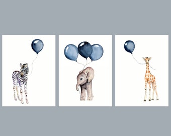 nursery wall art set of three navy nursery decor baby animal prints  baby boy wall decor children's art prints watercolor safari nursery