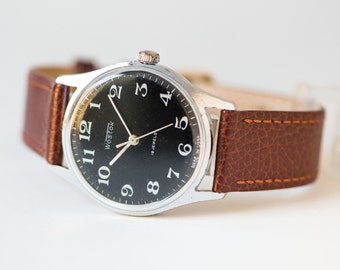 Men's wristwatch black, Soviet men watch WOSTOK\East, classy gent watch, minimalist men watch,mechanical watch 70s,premium leather strap new