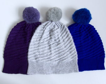 Pure Cashmere Knit Hat Grey Knit Beanie Cashmere Hat Texture Knit Beanie Bobble Hat Cashmere Beanie Pom Pom Cashmere Hat Beanie Waffle Knit