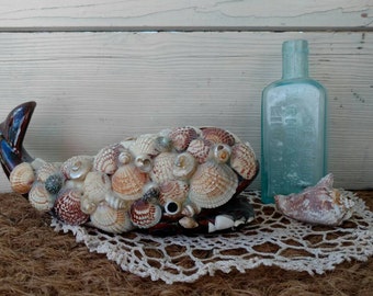 Kitsch Pottery Whale Ashtray -Vintage Brown + Drippy Paint, Encrusted With Shells, Beach Chic, Art Pottery Ashtray, Brown Whale, Home Decor