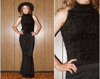 ON SALE Vintage 90s Hipster Club Kid Raver Grunge Clueless Black Sparkle Glitter Sleeveless Tank Top Turtleneck Sweater Fuzzy Furry S