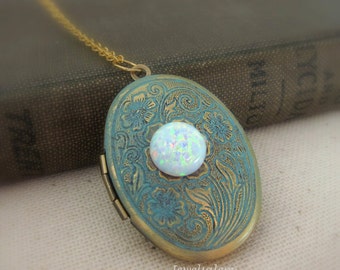Opal Locket Necklace White Opal Necklace Photo Locket Fire Opal Locket Vintage Style Shabby Chic Victorian Aqua Teal Blue Locket Gift