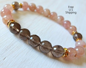 POSITIVITY Smoky Quartz, Strawberry Quartz, wrist mala, Yoga Bracelet, energy bracelet, positivity mala, wrist mala, quartz bracelet, Mala