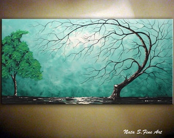 Turquoise Old Tree Painting Landscape Original Art by NataSgallery