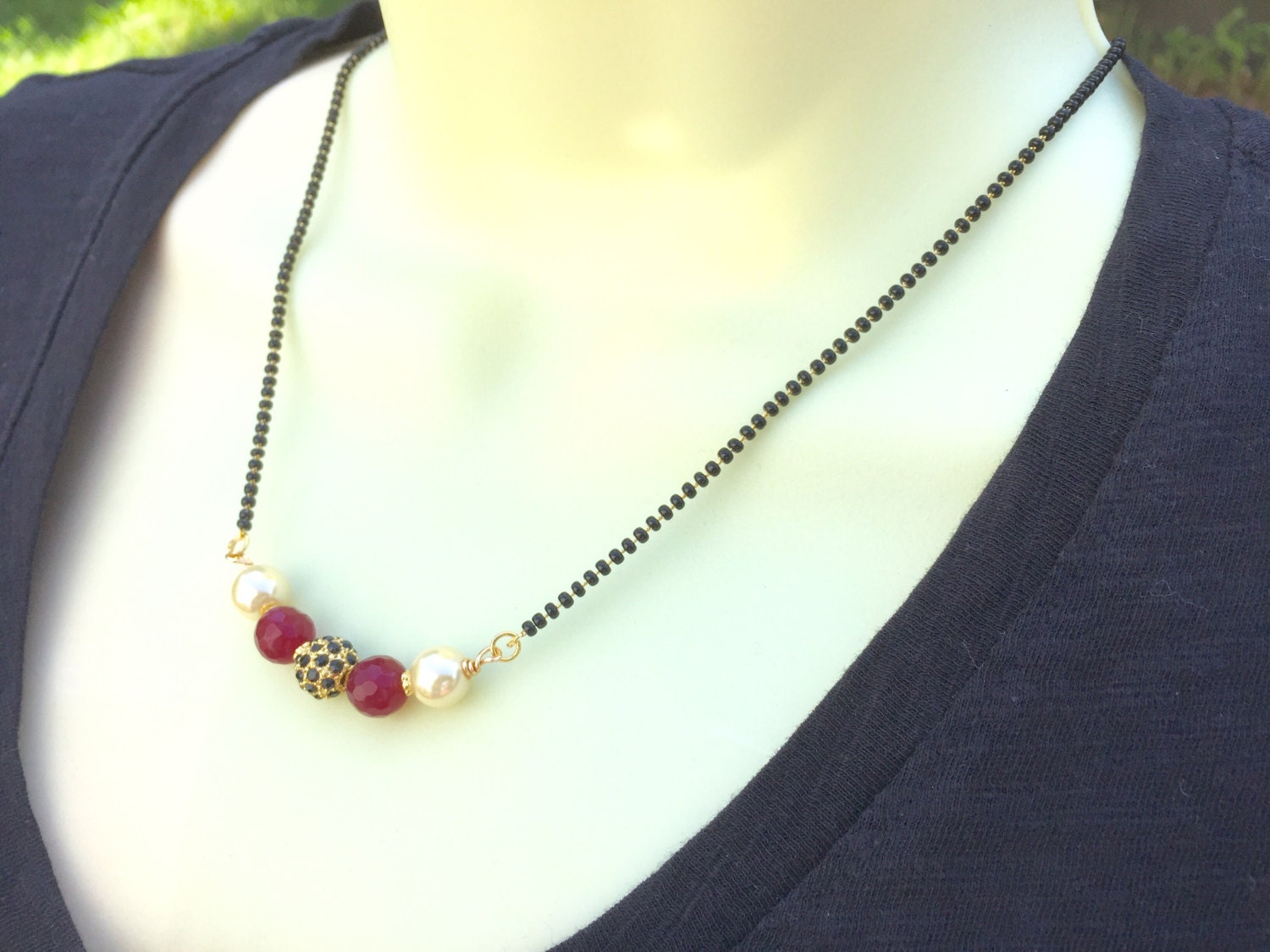 Black Stone Studded Mangalsutra Red Beads Mangalsutra