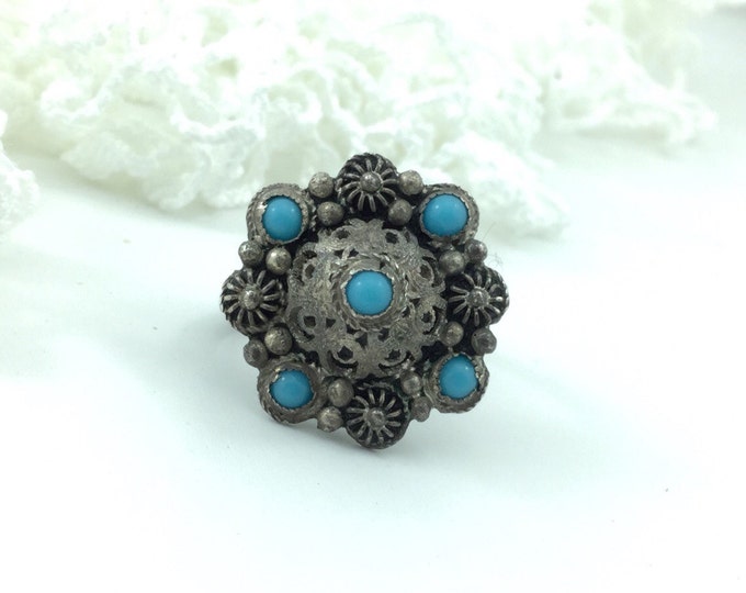 Vintage Turkish Etruscan Style Silver Ring, Nunu 900 Silver And Turquoise Ring. 1930s Rings. Silver Ring With Blue Stones. Ornate Old Ring.