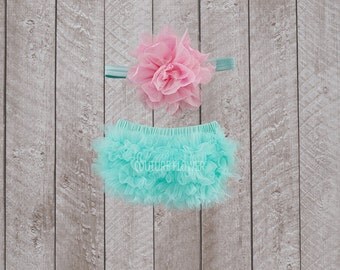 Baby Girl Ruffle Bottom Bloomer & Headband Set in Aqua and Pink - Newborn Photo Set - Baby Bloomer - Diaper Cover - Baby Gift - 1st Birthday