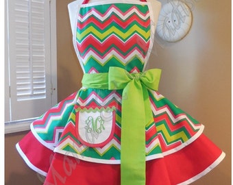 Christmas Chevron Print Woman's Retro Apron With Tiered Skirt And Bib, Featuring Monogrammed Pocket...Last One Available