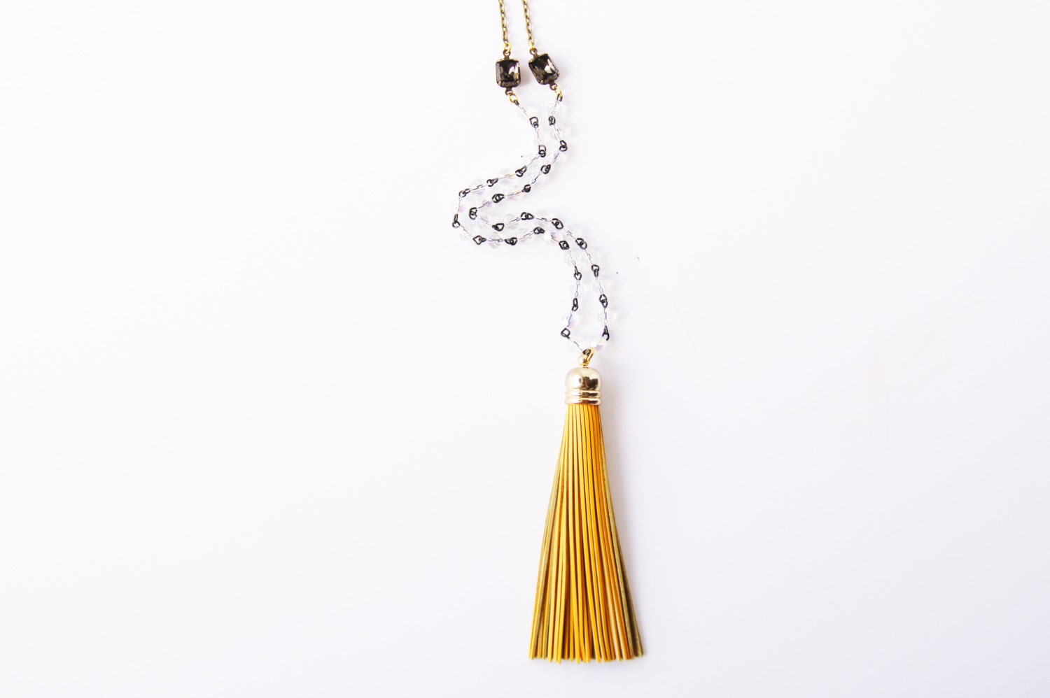 Long Necklaces Leather Tassel Mustard and Gray