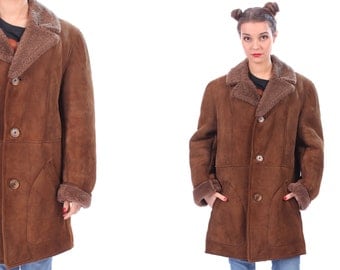 70s SHEARLING Sheepskin Coat Mens Vintage SUEDE Leather Brown Real Fur Lining and Collar Winter Overcoat 1970s Long Jacket for Men Large