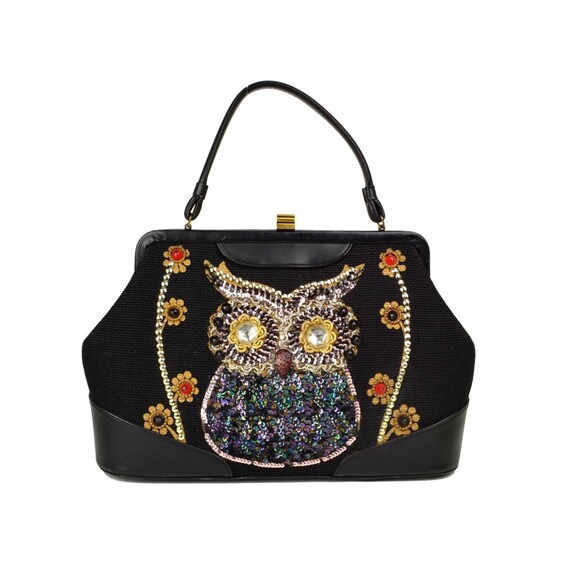 Vintage Owl Soure Bag New York // 1950's Large Black Purse