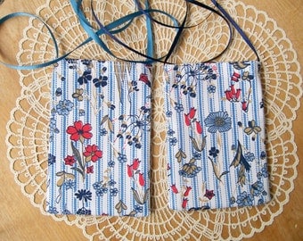 Blue Ticking CELLPHONE POUCH Wild Flowers Neck Bag Android IPhone Pocket - Ships free in US