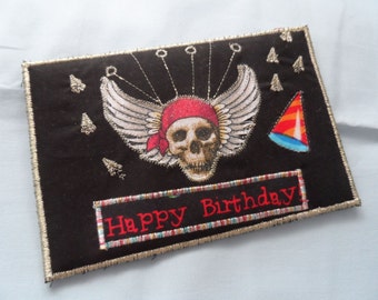 Quilted Postcard - Handmade Happy Birthday Postcard - Skull Postcard - Patchwork Postcard - Fabric Postcard - Appliqué Postcard