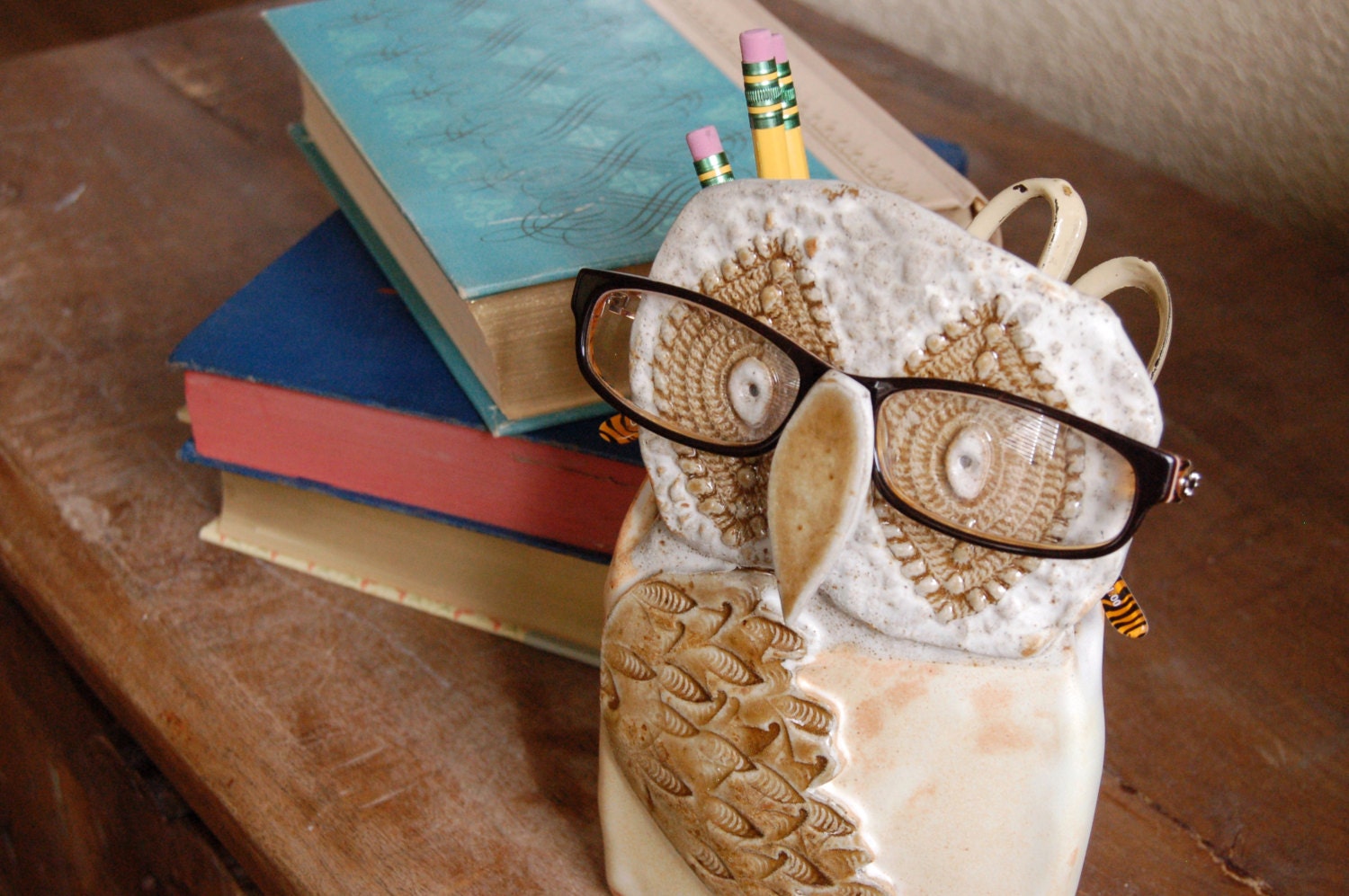 Ceramic Owl Container Fine Art Eyeglasses Holder Rustic