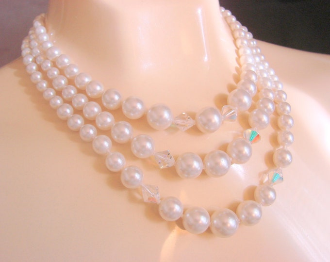 Mid Century Aurora Borealis Crystal Pearl Bib Bead Necklace / Wedding / Bridal / Japan Vintage / Jewelry / Jewellery