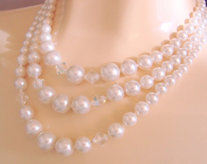 Mid Century Aurora Borealis Crystal Pearl Bib Bead Necklace / Wedding / Bridal / Japan Vintage / Jewelry / Jewellery