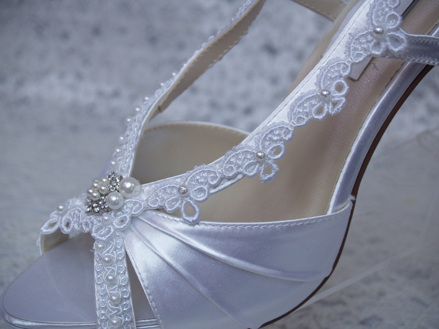 Wedding Shoes White LACE and PEARLS appliques high by NewBrideCo
