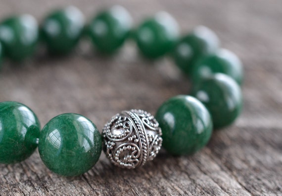 ON SALE 12mm Green Aventurine Bracelet Gemstone Bracelet Womens Mens Bracelet Bead Bracelet Silver Heart Bracelet Rare Stone Jewelry Gifts