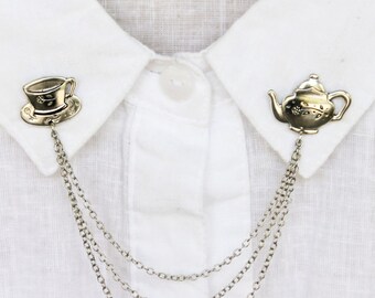 silver teapot collar pins, collar chain, collar brooch, lapel pin, teapot pin, tea cup brooch, teapot brooch, tea cup pin