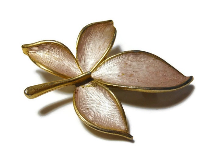 FREE SHIPPING JJ leaf brooch, Jonette Company, gold leaf pin, brushed silver enamel, signed figural pin