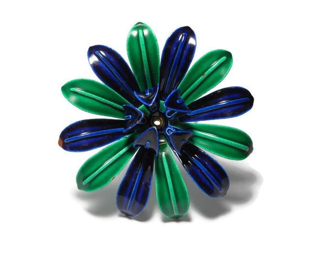 FREE SHIPPING 1960s flower brooch green and blue enamel daisy floral pin, green and dark blue petals with blue petals emerging from center