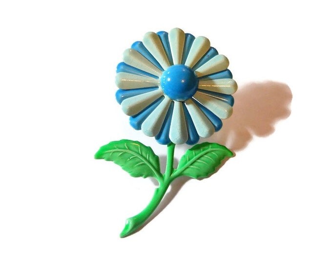 FREE SHIPPING Blue daisy brooch pin, large 1960s powder blue and sky blue enamel flower floral dark blue center and green stem and leaves
