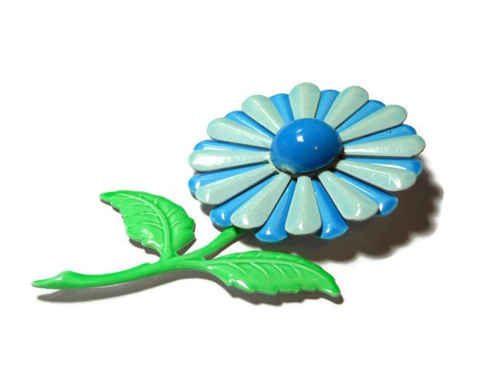 FREE SHIPPING Blue daisy brooch pin, large 1960s powder blue and sky blue enamel flower floral dark blue center and green stem and leaves