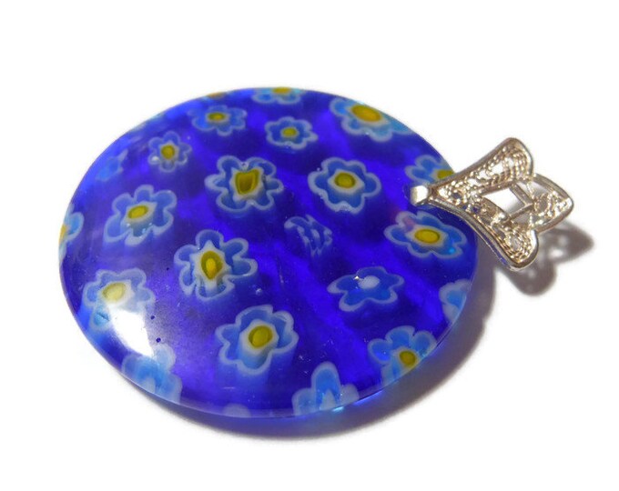Millefiori glass pendant, 30mm round dark blue, light blue and yellow round disc on sterling silver filigree bail, attach to a chain or cord