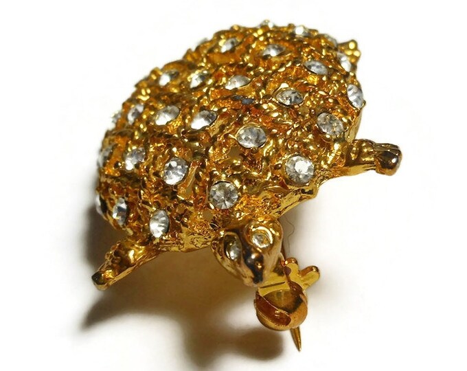 FREE SHIPPING Rhinestone turtle brooch, clear rhinestone studded gold turtle pin, open work