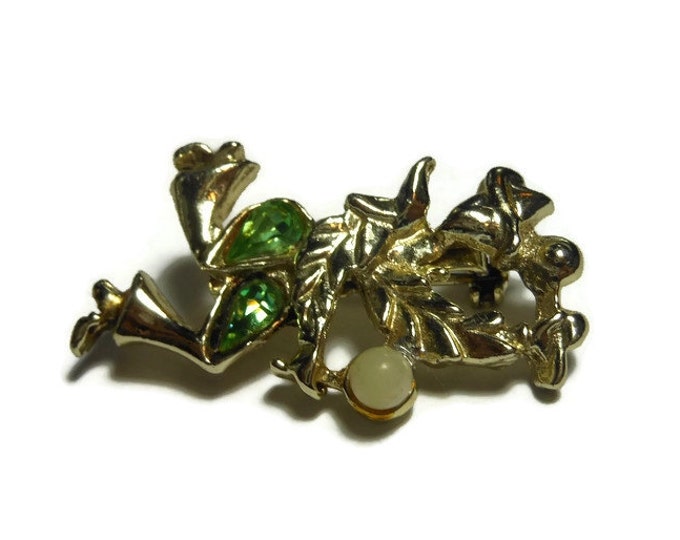 FREE SHIPPING Flamenco dancer brooch pin with maracas and faux pearl and green rhinestones in a light gold tone setting