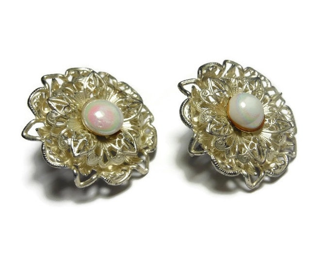 FREE SHIPPING Opalescent earrings, white pearly opalescent centers with petals of silver filigree grace these floral clip earrings