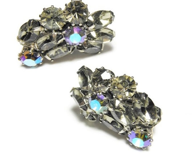 SALE Weiss rhinestone earrings, black diamond rhinestone with ab (aurora borealis) rhinestone ear climbers in a rhodium plated setting.