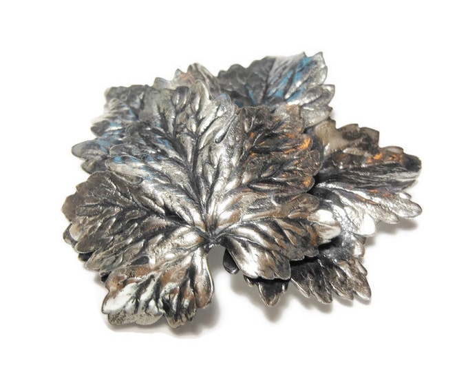 FREE SHIPPING Napier grape leaves brooch, large antiqued silver plated double grape leaf with intricate details