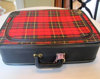 Mid Century Plaid Suitcase - Red Luggage - Travel Stickers Storage Display