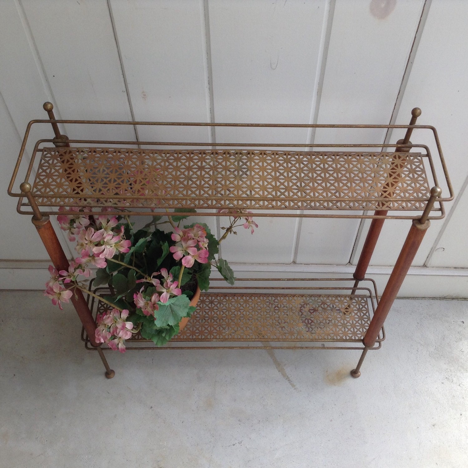 Vintage Plant Stand Metal and Wood with 2 Shelves Long