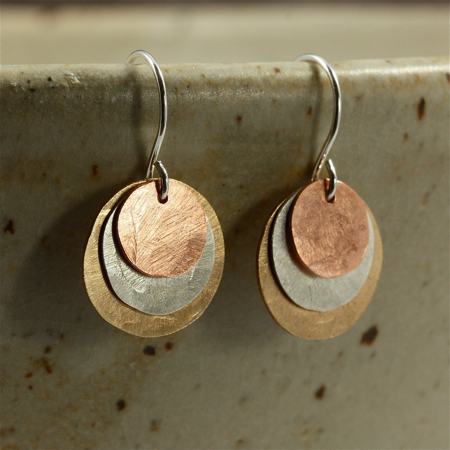 Hammered Copper Silver Bronze Earrings Hammered Silver