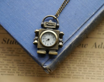 Antique Bronze Retro Robot Pocket Watch with Chain- (BC378)