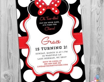 Minnie Mouse Birthday Invitations | Printable Girls Party Invitation | Black White Polka Dots and Red | 2nd Birthday Oh Twodles Invitation