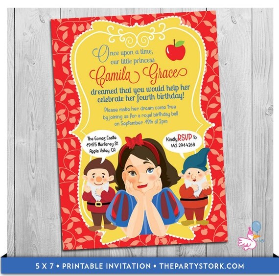 Snow White Invitation: Printable Girls Birthday Party Invitations | Personalized Snow White Inspired Invite | Digital | Red Blue Yellow Il_570xn