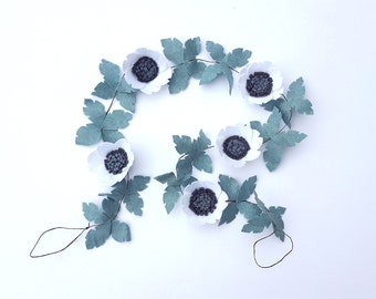 White anemone greenery garland, felt flower garland, white garland, wedding garland, floral garland, flower backdrop, mantel garland,