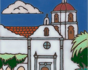Ceramic tile, Mission San Luis Rey , hot plate, wall decor, installation, backsplash, kitchen tile, hand painted, hand crafted, art tile