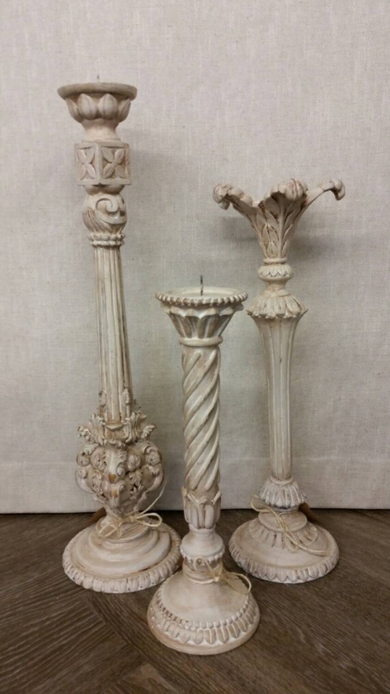 shabby chic white candlesticks vintage set of 3 chalk paint shabby chic white candlesticks vintage set of 3 chalk paint