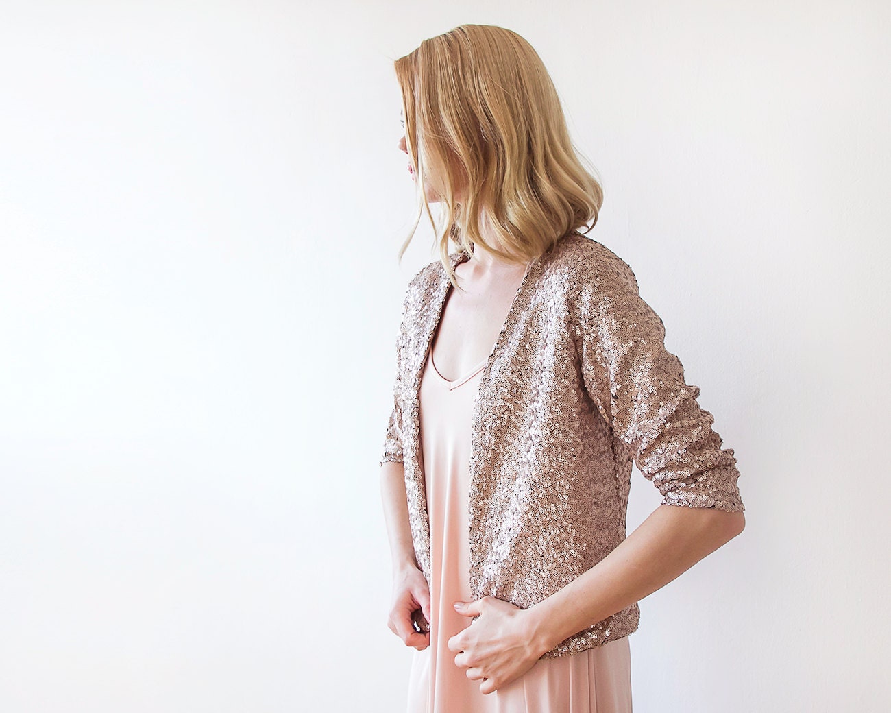Sequin pink bridal jacket Long sleeves sparkling bridal