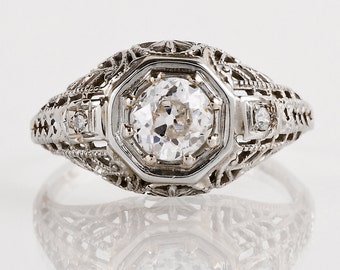 Antique Engagement Ring - Edwardian Engagement Ring - Antique Edwardian 18k White Gold European Cut Diamond Engagement Ring
